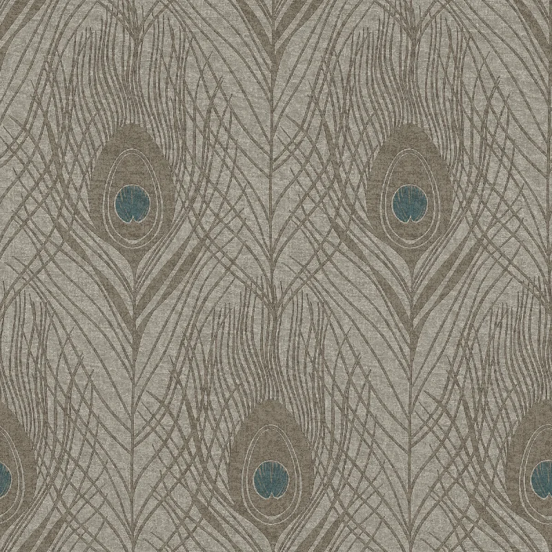 Peacock Feather Motif Wallpaper in Blue/Brown/Grey from the Absolutely Chic Collection