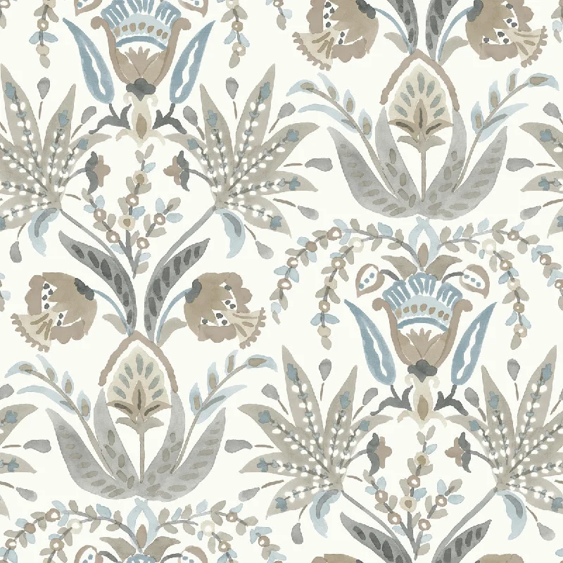 Seaside Jacobean Wallpaper in White/Taupe/Blue from the Mediterranean Collection