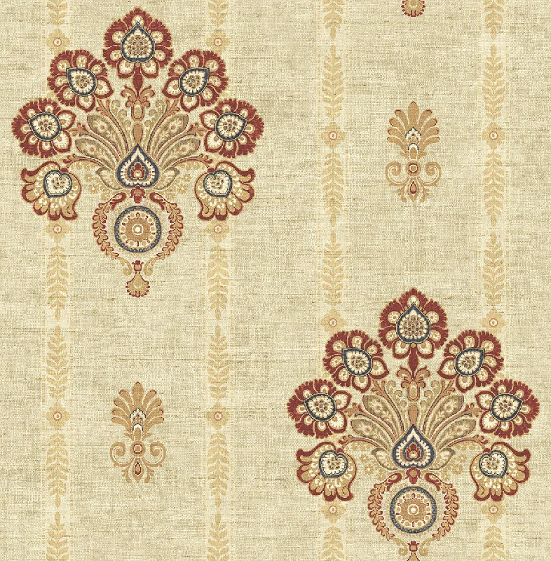 Striped Floral Damask Wallpaper in Red and Gold from the Caspia Collection