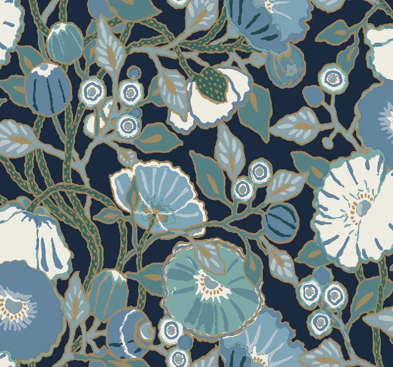 Vincent Poppies Indigo Wallpaper from the Greenhouse Collection