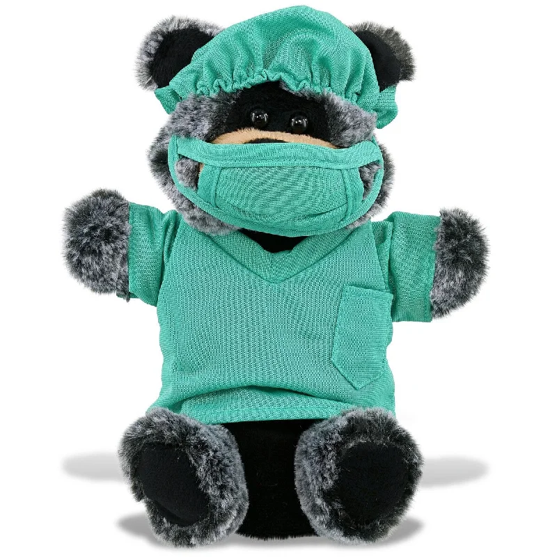 DolliBu Black Bear Doctor Plush Hand Puppet with Scrub Uniform and Cap - 9 inches