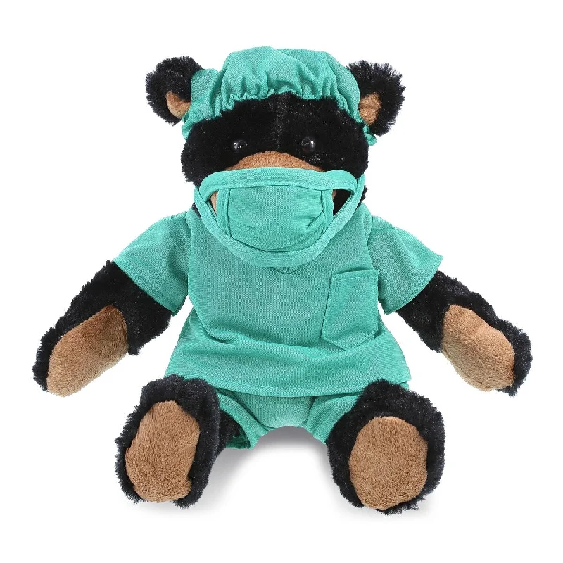 DolliBu Black Bear Doctor Plush Toy with Scrub Uniform and Cap Outfit - 10 inches