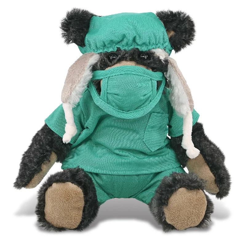 DolliBu Black Bear Doctor Plush with Clothes w/ Scrub Uniform and Cap - 10 inches