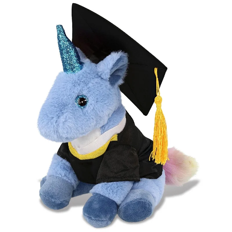 DolliBu Blue Unicorn Graduation Plush Toy with Gown and Cap Outfit - 9 inches