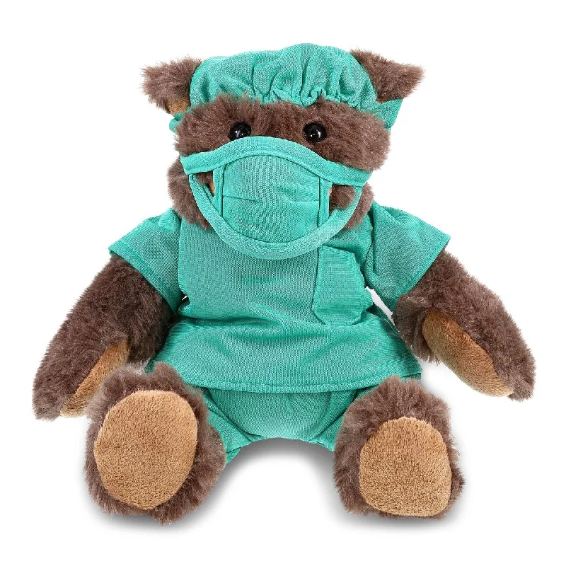 DolliBu Brown Bear Doctor Plush Toy with Scrub Uniform and Cap Outfit - 10 inches