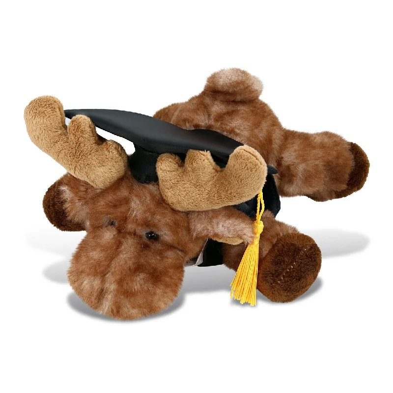 DolliBu Brown Lying Moose Graduation Plush Toy with Gown and Cap - 9 inches