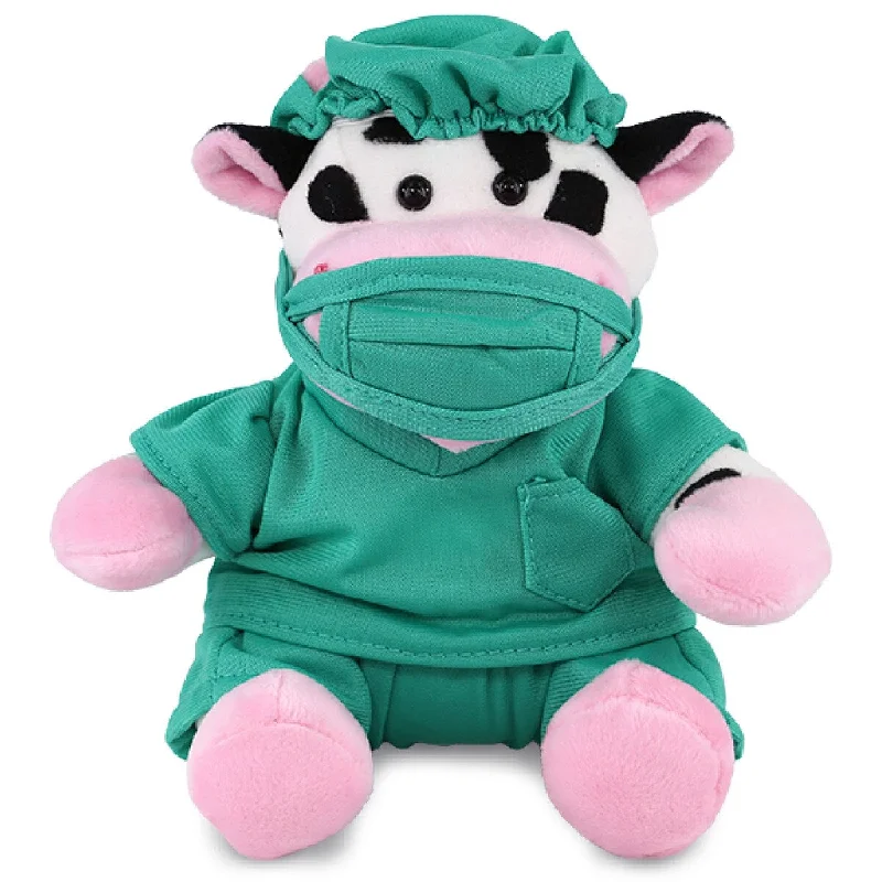 DolliBu Cow Doctor Plush Toy with Cute Scrub Uniform and Cap Outfit - 6 inches