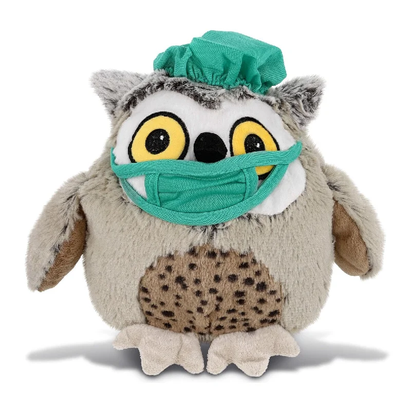 DolliBu Fat Brown Owl Doctor Plush with Cute Scrub Cap and Face Mask - 10 inches