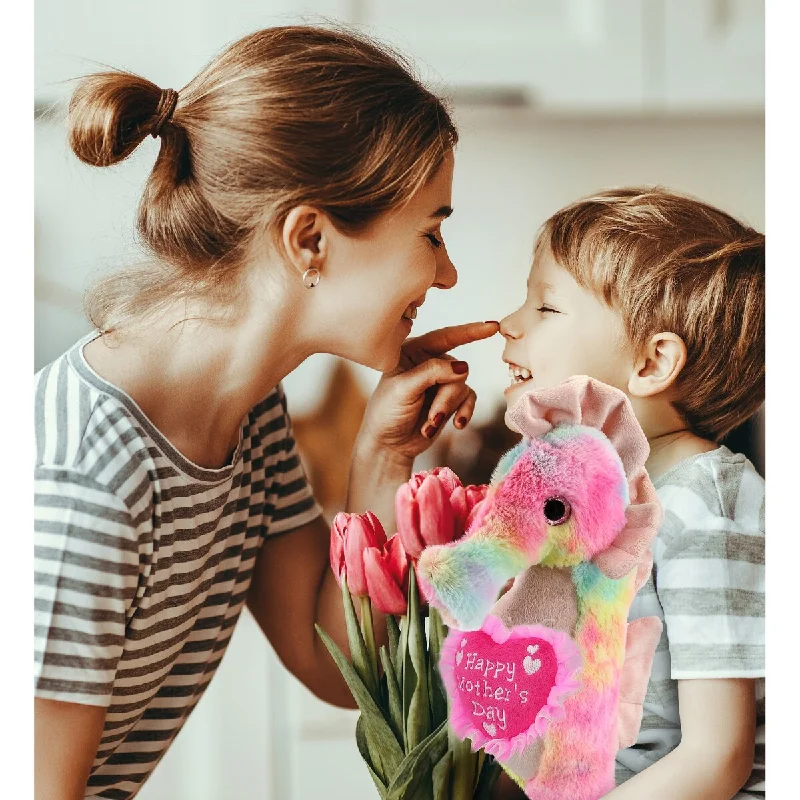 DolliBu Happy Mother’s Day Plush Rainbow Seahorse with Pink Heart - 15 inches