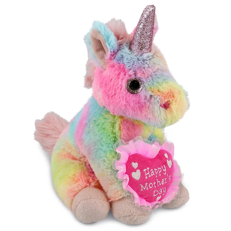 DolliBu Happy Mother’s Day Plush Rainbow Unicorn w/ Pink Heart Message - 9 inches