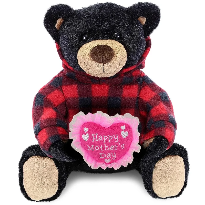 DolliBu Happy Mother’s Day Soft Plush Black Bear With Red Plaid Hoodie - 10 inches