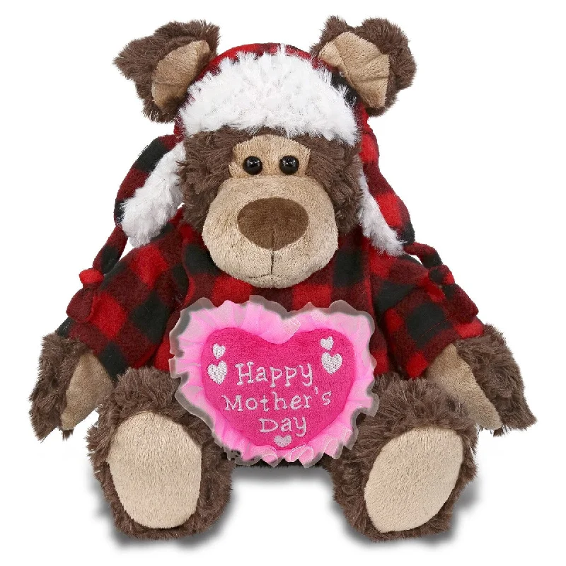 DolliBu Happy Mother’s Day Soft Plush Red Plaid Outfit Grizzly Bear - 9 inches