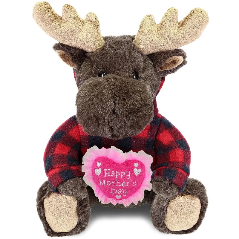 DolliBu Happy Mothers Day Super Soft Plush Moose With Red Plaid Hoodie - 10 inches