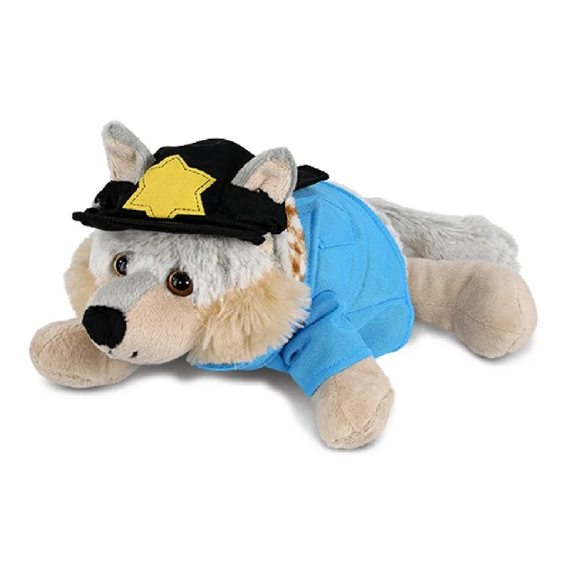 DolliBu Lying Wolf Police Officer Plush Toy with Cop Uniform and Cap - 9 inches