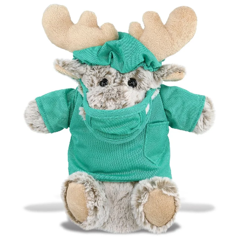 DolliBu Moose Doctor Plush Hand Puppet with Cute Scrub Uniform and Cap - 10 inches