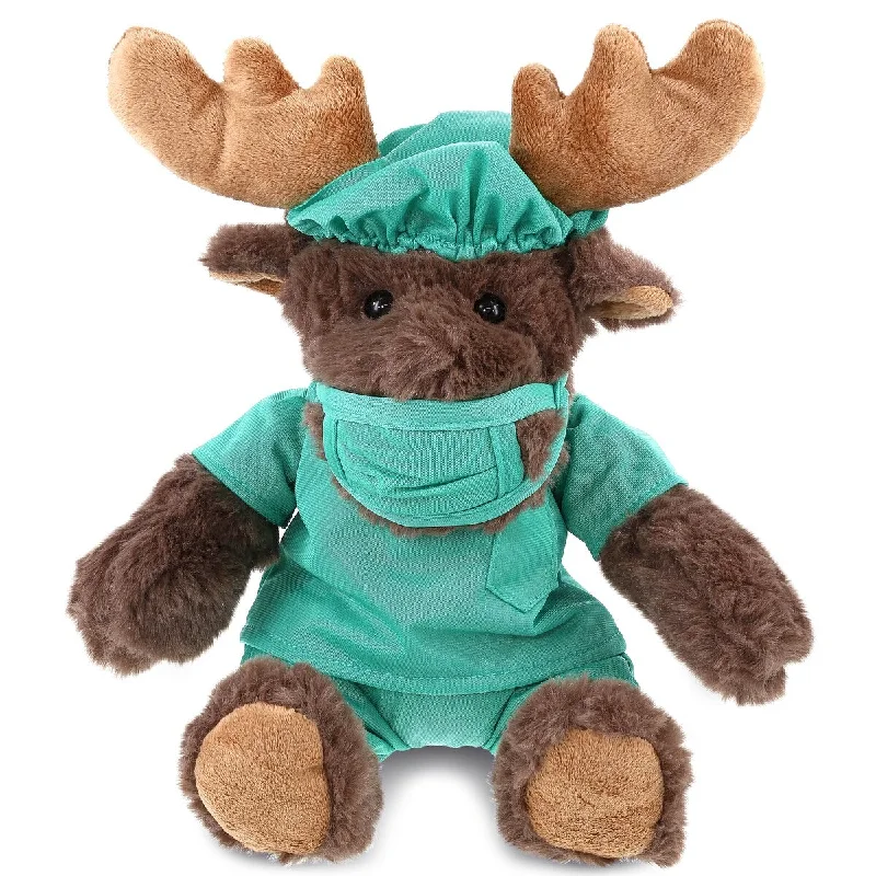 DolliBu Moose Doctor Plush Toy with Cute Scrub Uniform and Cap - 10 inches