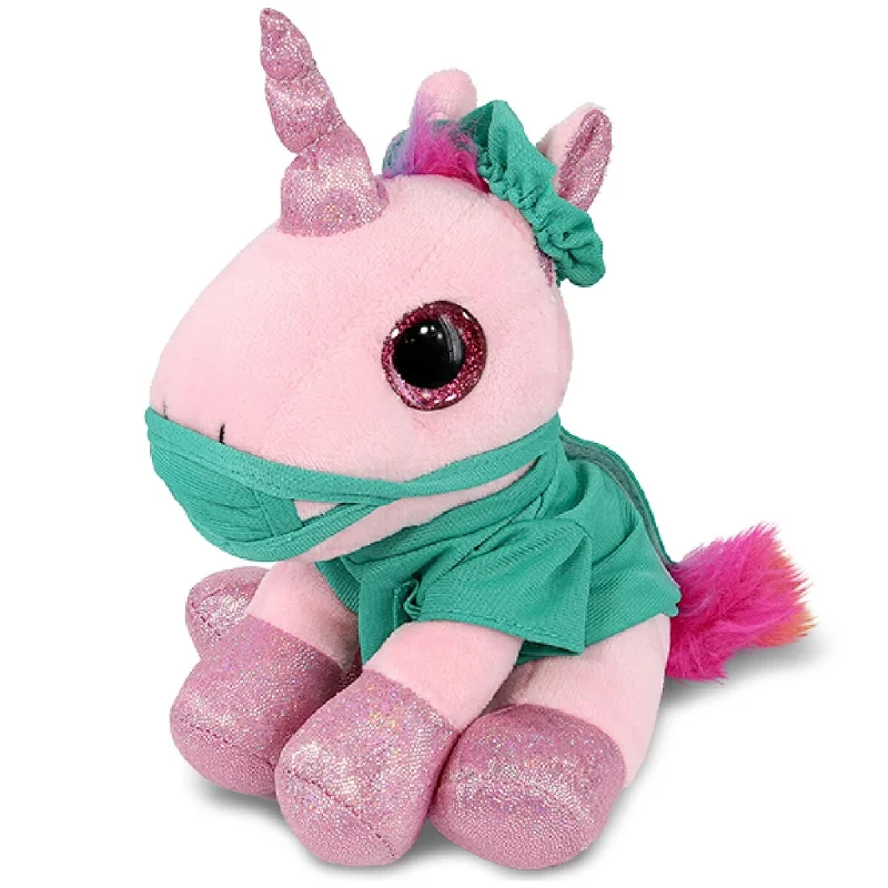 DolliBu Pink Unicorn Doctor Plush Toy with Cute Scrub Uniform and Cap - 8 inches