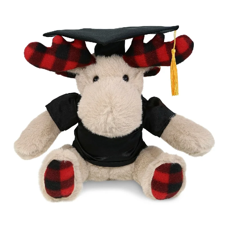 DolliBu Plaid Beige Moose Graduation Plush Toy with Gown and Cap - 10 inches