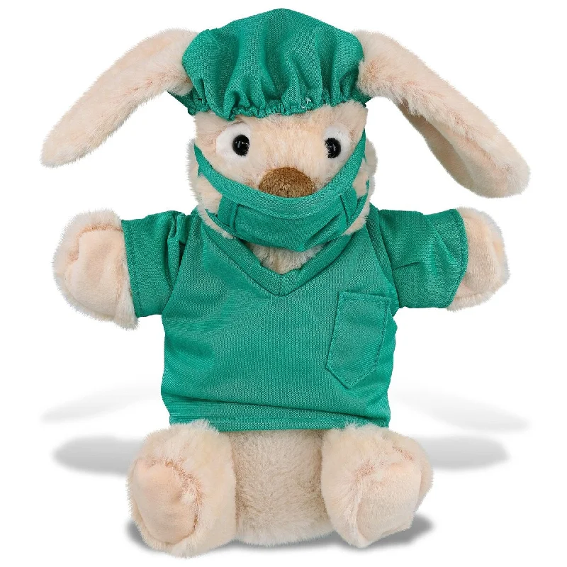 DolliBu Rabbit Hand Puppet Doctor Plush Toy with Scrub Uniform and Cap - 9 inches