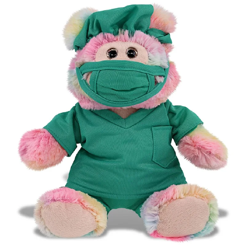 DolliBu Rainbow Bear Doctor Plush Toy with Scrub Uniform and Cap - 9 inches