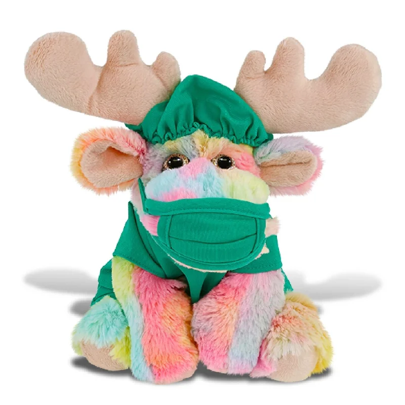 DolliBu Rainbow Floppy Moose Doctor Plush with Scrub Uniform and Cap - 9 inches