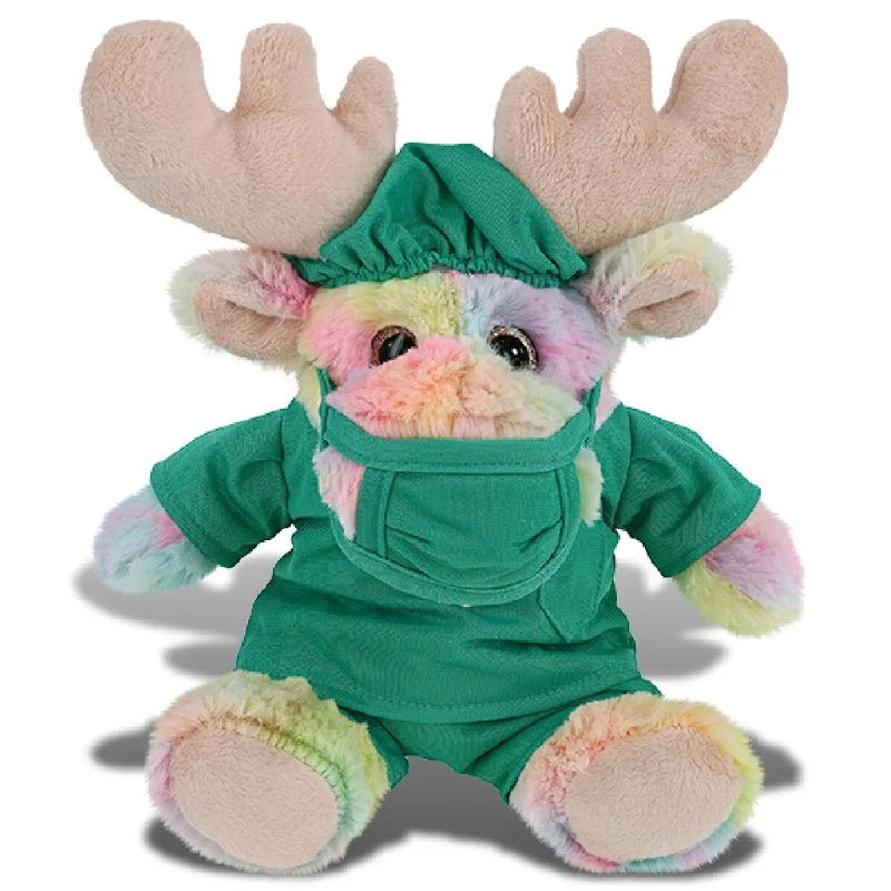 DolliBu Rainbow Moose Doctor Plush Toy with Scrub Uniform and Cap - 9 inches