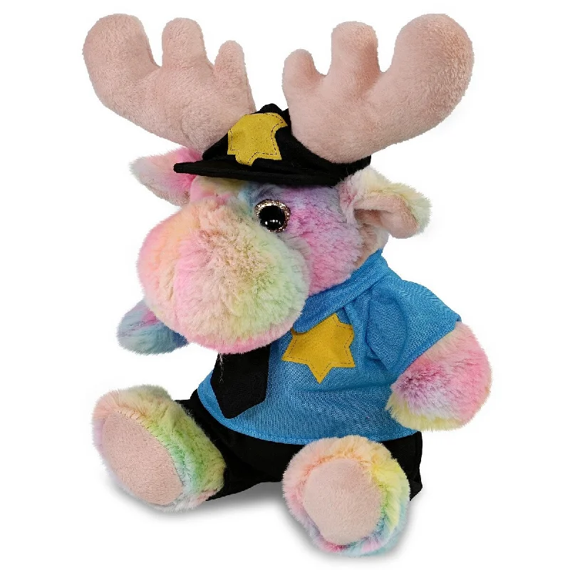 DolliBu Rainbow Moose Police Officer Plush with Cop Uniform and Cap - 9 inches