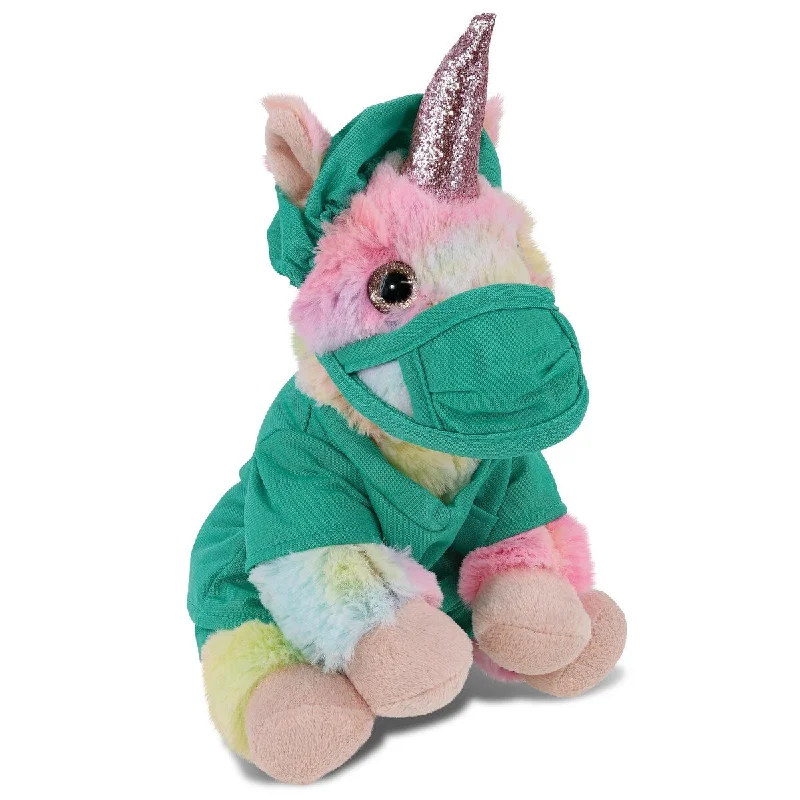 DolliBu Rainbow Unicorn Doctor Plush Toy with Scrub Uniform and Cap - 9 inches