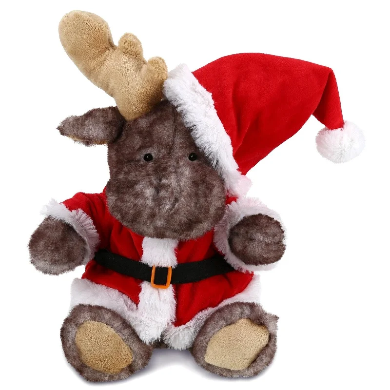 DolliBu Santa Brownish Sitting Moose Stuffed Animal with Santa Outfit - 10 inches