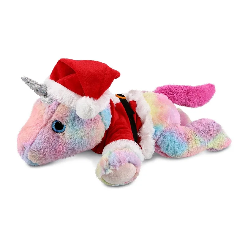 DolliBu Santa Lying Rainbow Unicorn Stuffed Animal with Santa Outfit - 16 inches