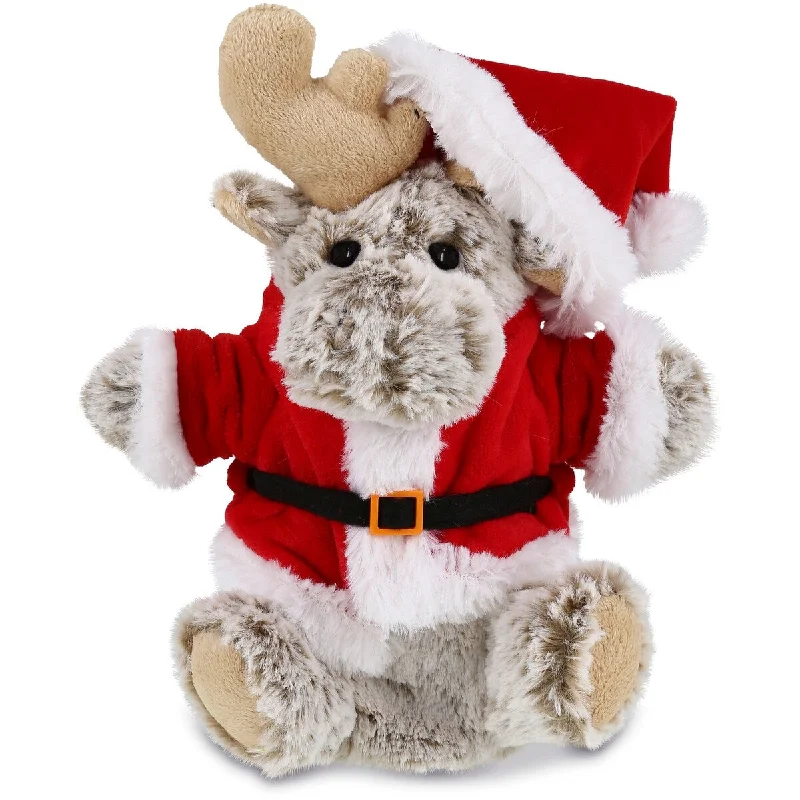 DolliBu Santa Moose Stuffed Animal Plush Hand Puppet with Santa Outfit - 9 inches