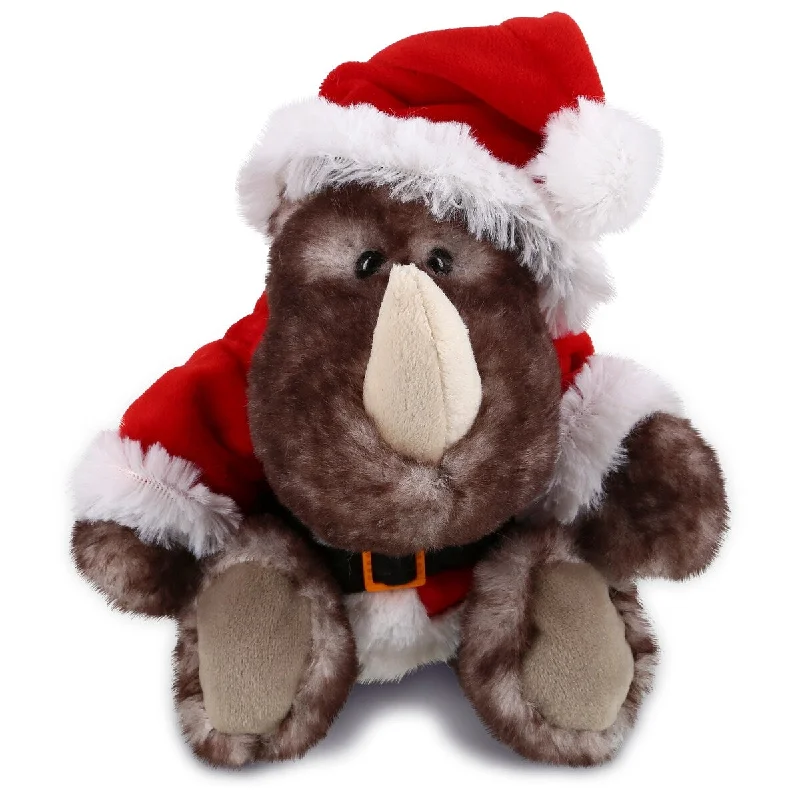 DolliBu Santa Sitting Brown Rhino Stuffed Animal Toy with Santa Outfit - 5.5 inches