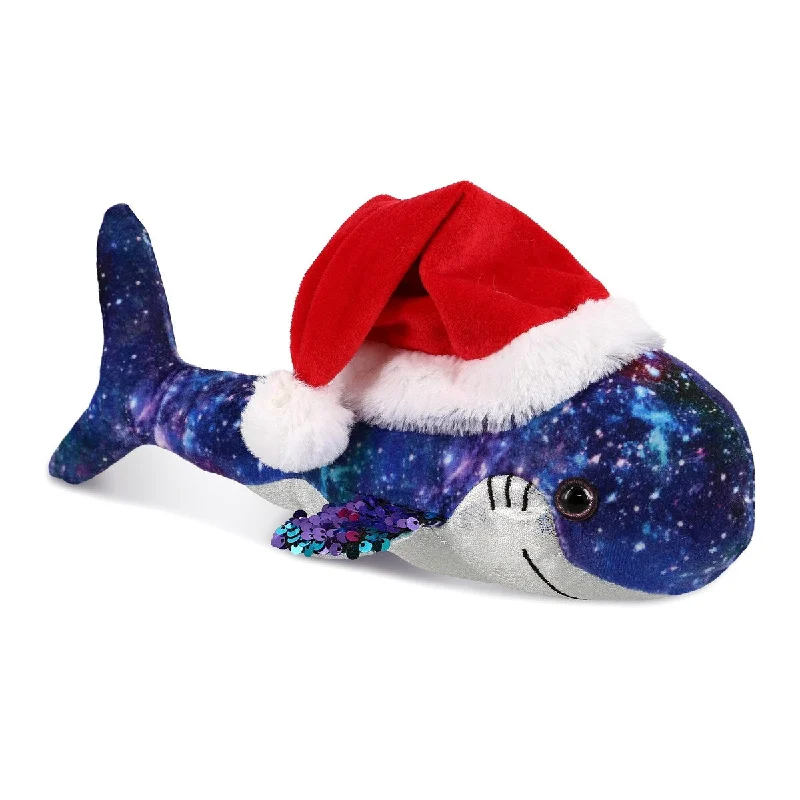 DolliBu Santa Space Sequin Shark Stuffed Animal Plush with Santa Hat - 12 inches