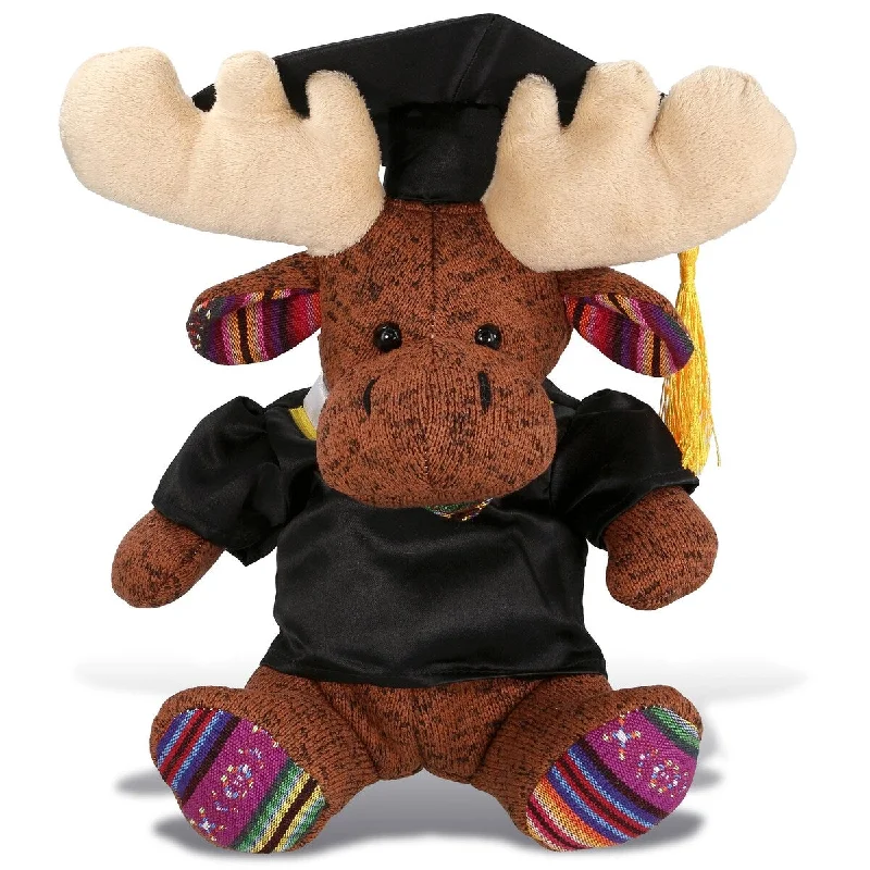 DolliBu Sitting Brown Moose Graduation Plush Toy with Gown and Cap - 8 inches