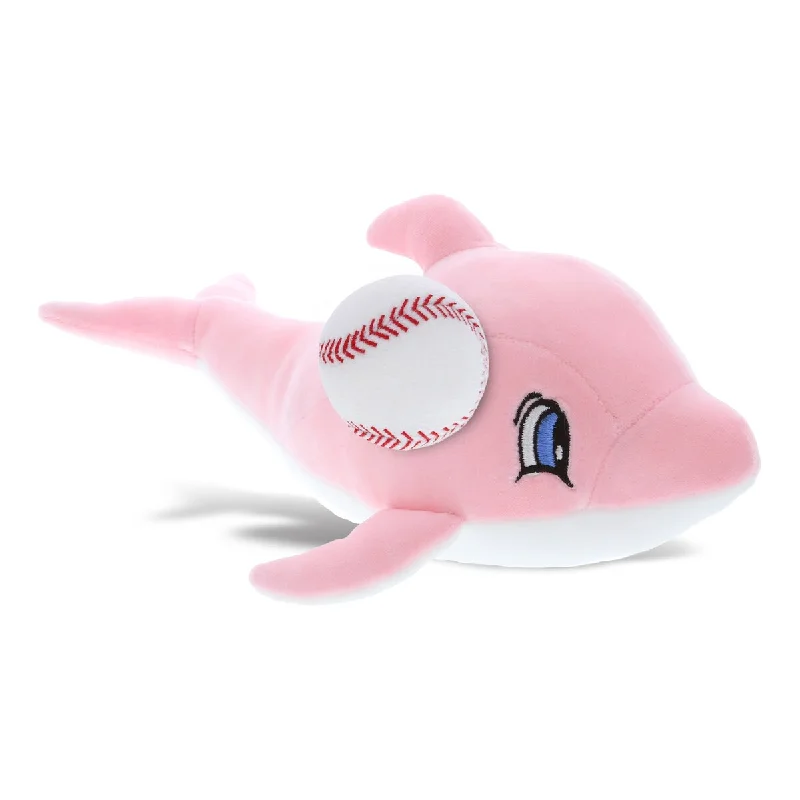 DolliBu Soft Huggable Pink Dolphin Stuffed Animal with Baseball Plush - 12 inches