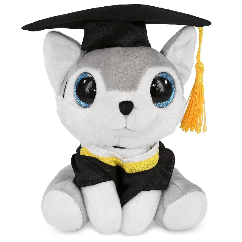 DolliBu Sparkle Eyes Wolf Graduation Plush Toy with Gown and Cap - 6 inches