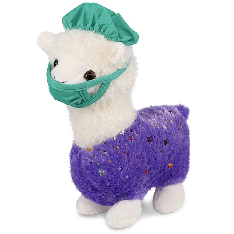 DolliBu Sparkle Purple Llama Doctor Plush with Scrub Cap and Face Mask - 11 inches