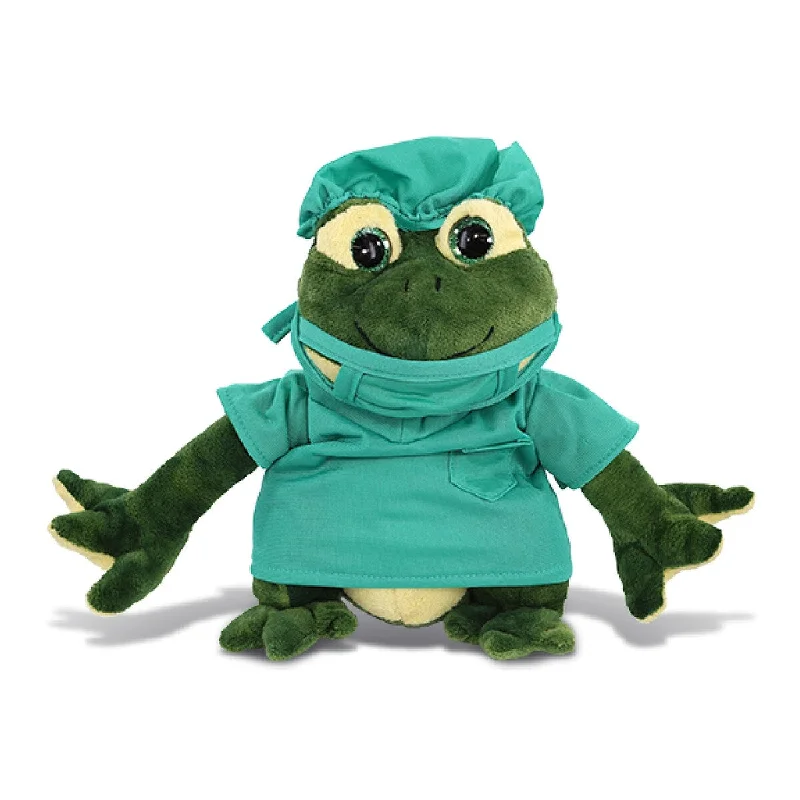 DolliBu Squat Frog Doctor Plush with Cute Scrub Uniform & Cap Outfit - 10.5 inches