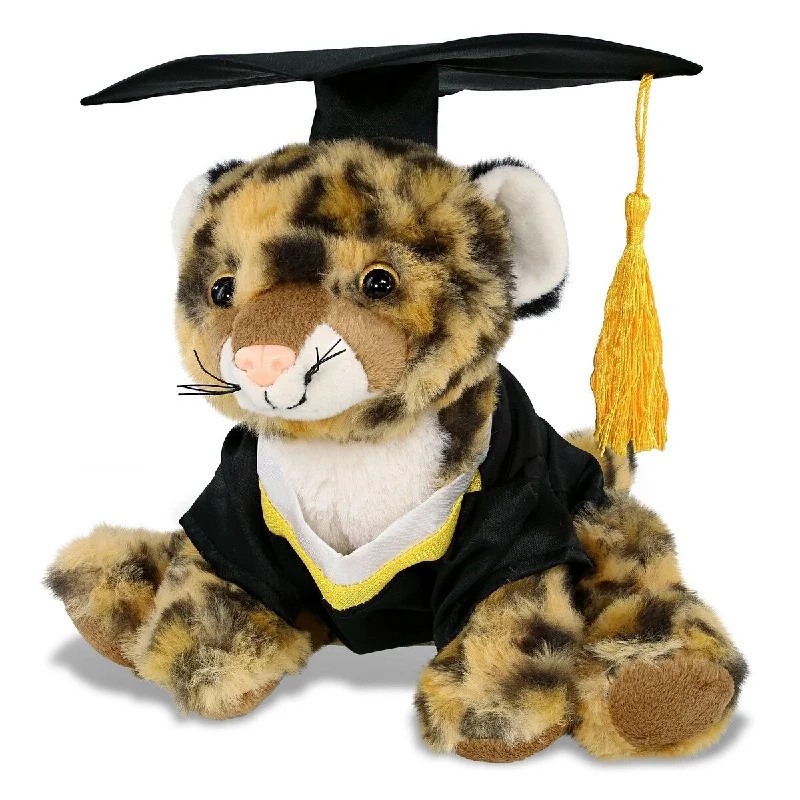 DolliBu Squat Leopard Graduation Plush Toy with Gown and Cap w/ Tassel - 8 inches