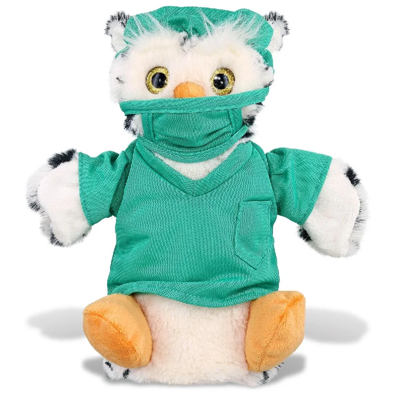 DolliBu White Owl Plush Hand Puppet Doctor with Scrub Uniform and Cap - 9.5 inches