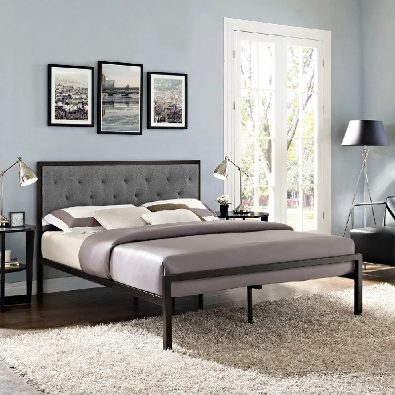 Min Grey Fabric Platform Bed Frame with 10-inch Queen-size Memory Foam Mattress