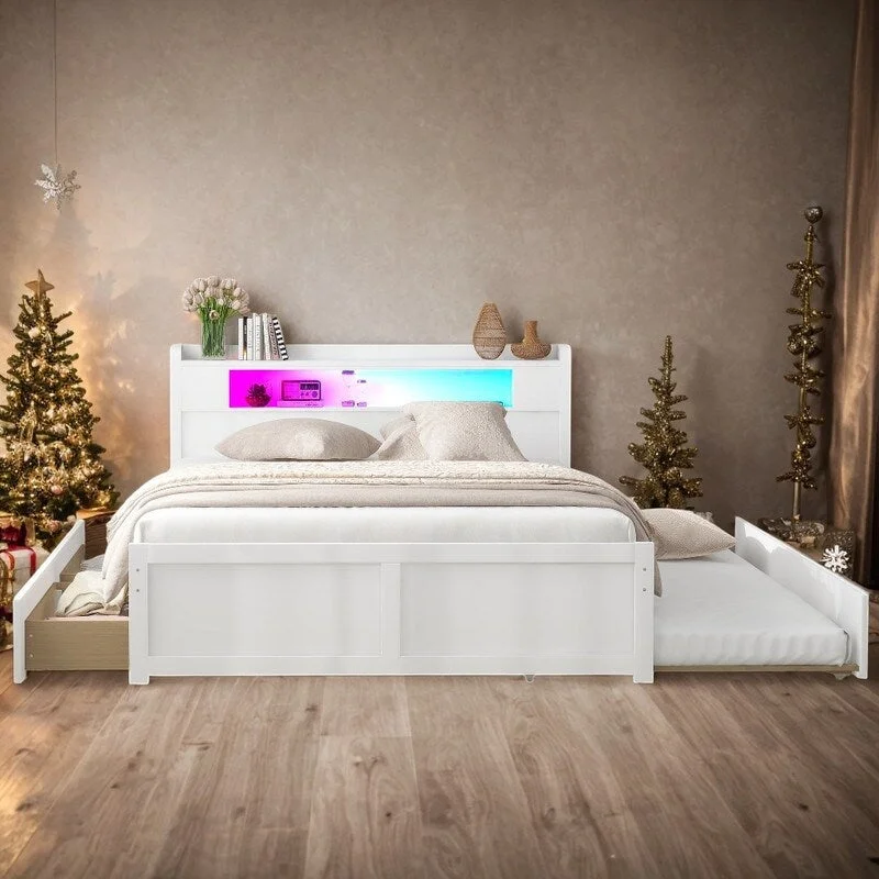 2 Drawers LED Queen Size Storage Platform Bed with 1 Twin Trundle