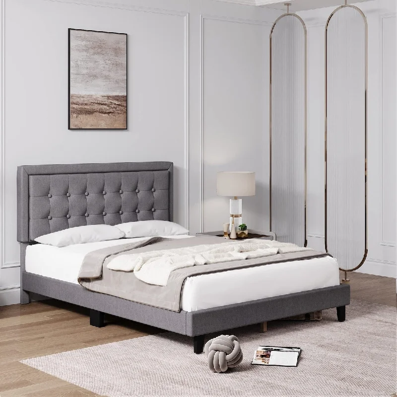 Bed Frame, Modern Upholstered Platform Bed with Button Tufted Headboard