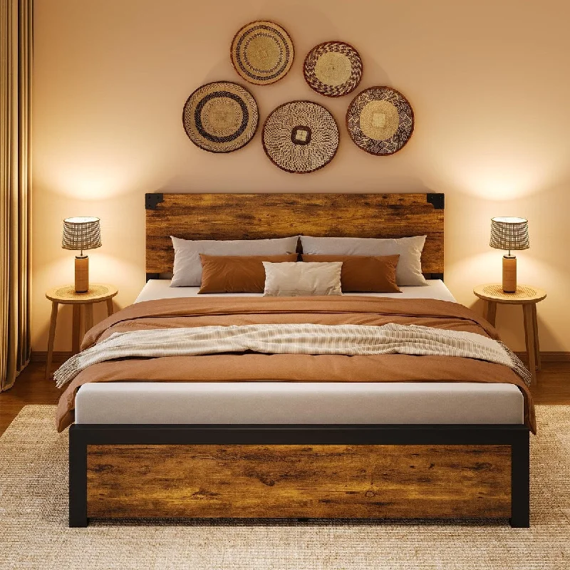 Bed Frame with Wood Headboard, Platform Bed Frame with Under Bed Storage