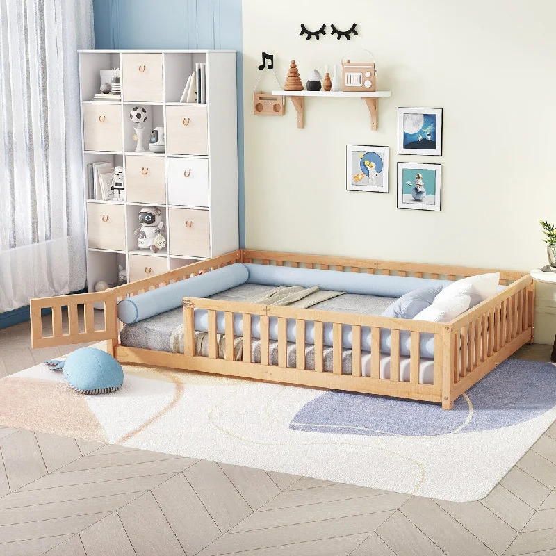 Beige Queen SizeKids Floor Bed with Safety Guardrails, Door, and Low Profile Design - High-Quality LVL Rubber Wood