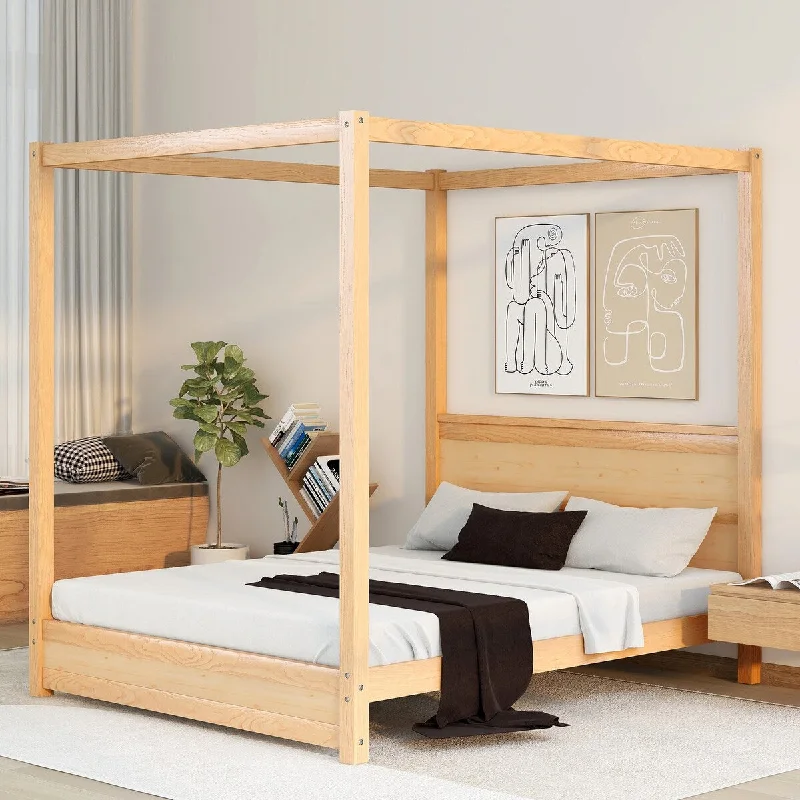 Beige Queen SizeModern Canopy / Platform Bed with Headboard, Support Legs