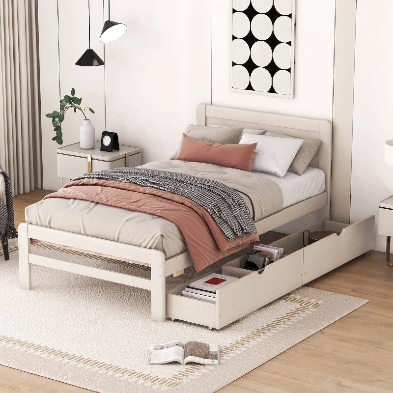 Beige Twin SizeModern Platform Bed Frame with 2 Drawers - Sturdy Construction, Extra Storage Space