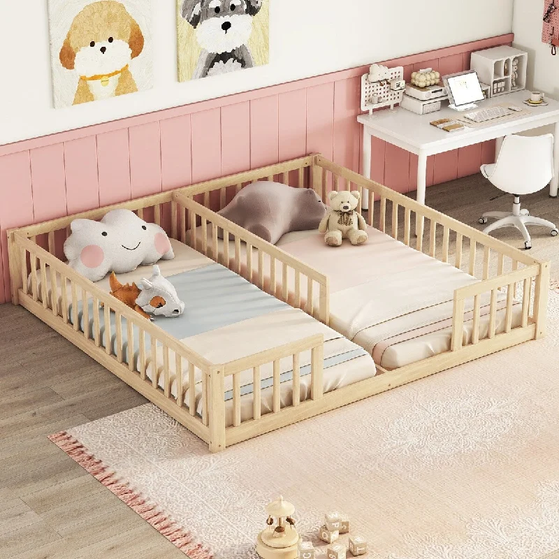 Beige Twin SizeWood Floor Bed with Protective Guardrails