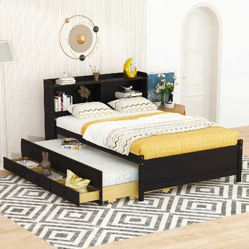 Black Full Size Bed with USB & Type-C Ports, LED Light, Bookcase Headboard, with Trundle Bed, and 3 Storage Drawers