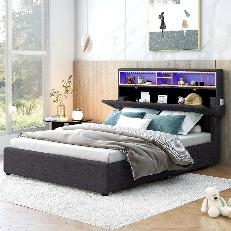 Black Full Size Upholstered Platform Bed with Storage Headboard, LED, USB Charging and 2 Drawers